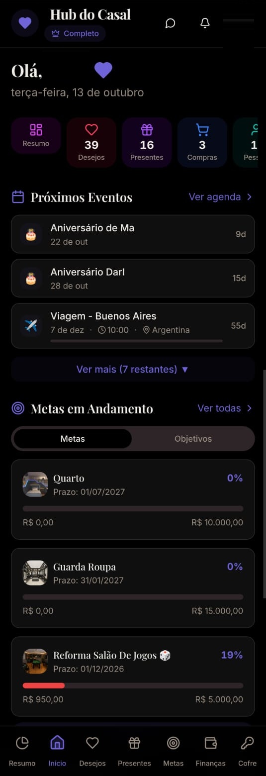 Tela inicial do Hub do Casal